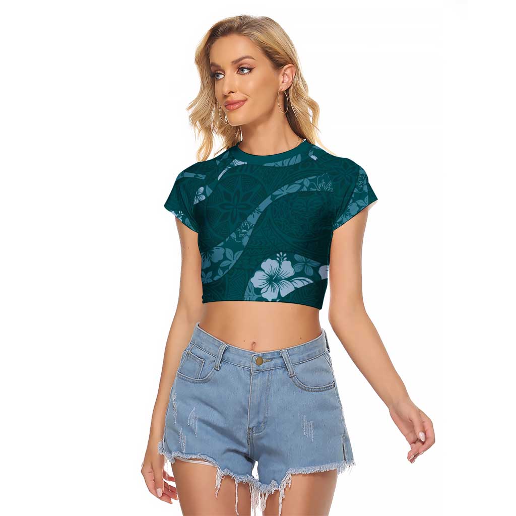 Aloha Hawaii Floral Tapa Raglan Cropped T Shirt Patchwork Teal LT7 Female Teal - Polynesian Pride