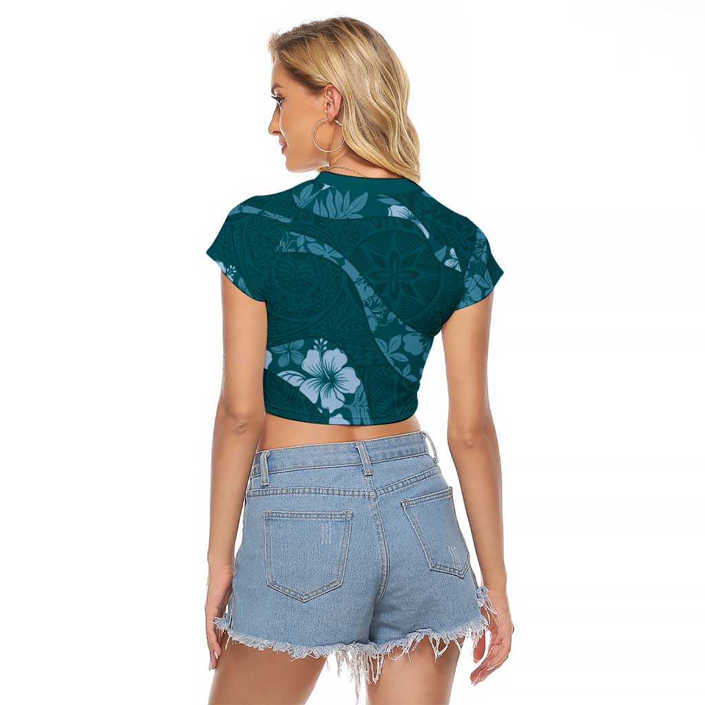 Aloha Hawaii Floral Tapa Raglan Cropped T Shirt Patchwork Teal - Polynesian Pride