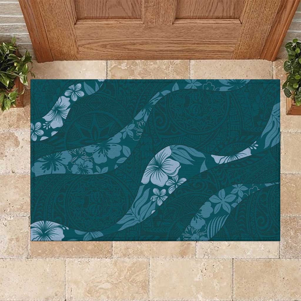 Aloha Hawaii Floral Tapa Rubber Doormat Patchwork Teal - Polynesian Pride