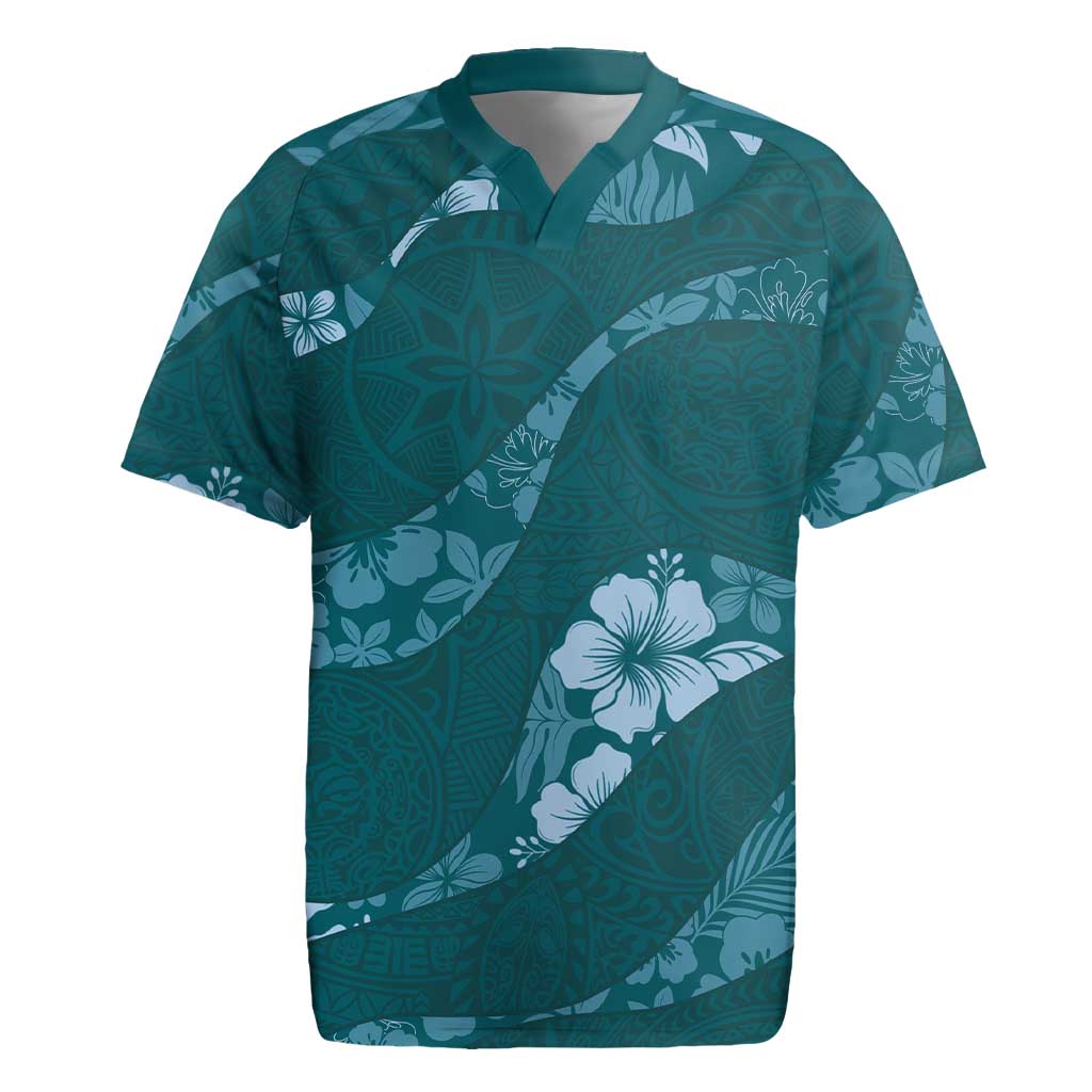 Aloha Hawaii Floral Tapa Rugby Jersey Patchwork Teal - Polynesian Pride