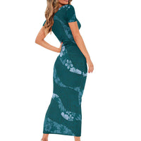 Aloha Hawaii Floral Tapa Short Sleeve Bodycon Dress Patchwork Teal - Polynesian Pride