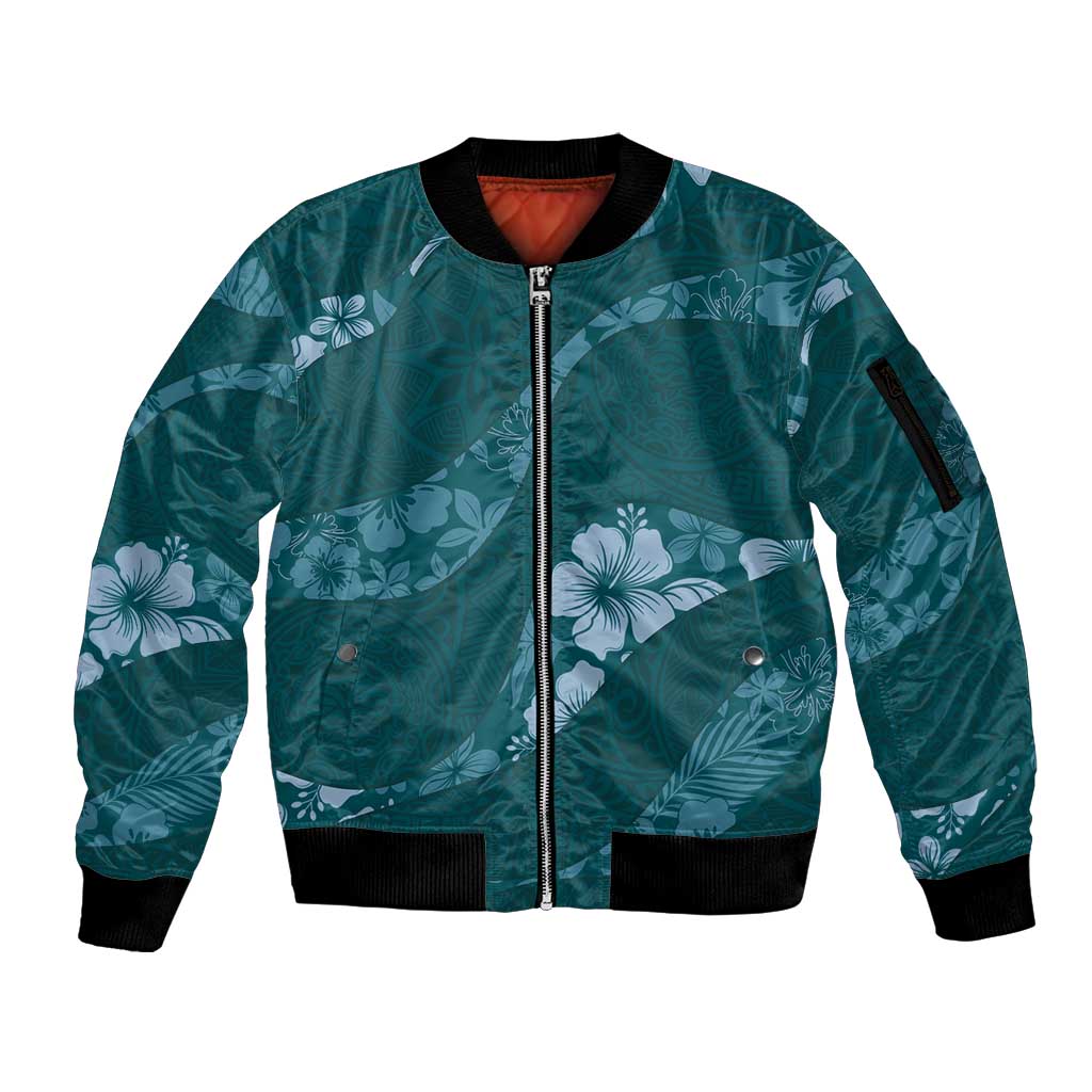 Aloha Hawaii Floral Tapa Sleeve Zip Bomber Jacket Patchwork Teal LT7 Unisex Teal - Polynesian Pride