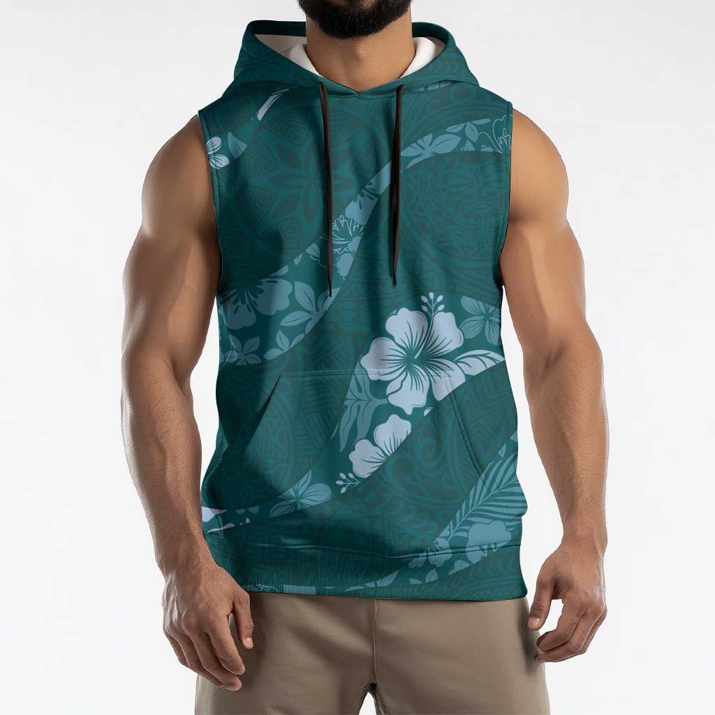 Aloha Hawaii Floral Tapa Sleeveless Hoodie Patchwork Teal - Polynesian Pride