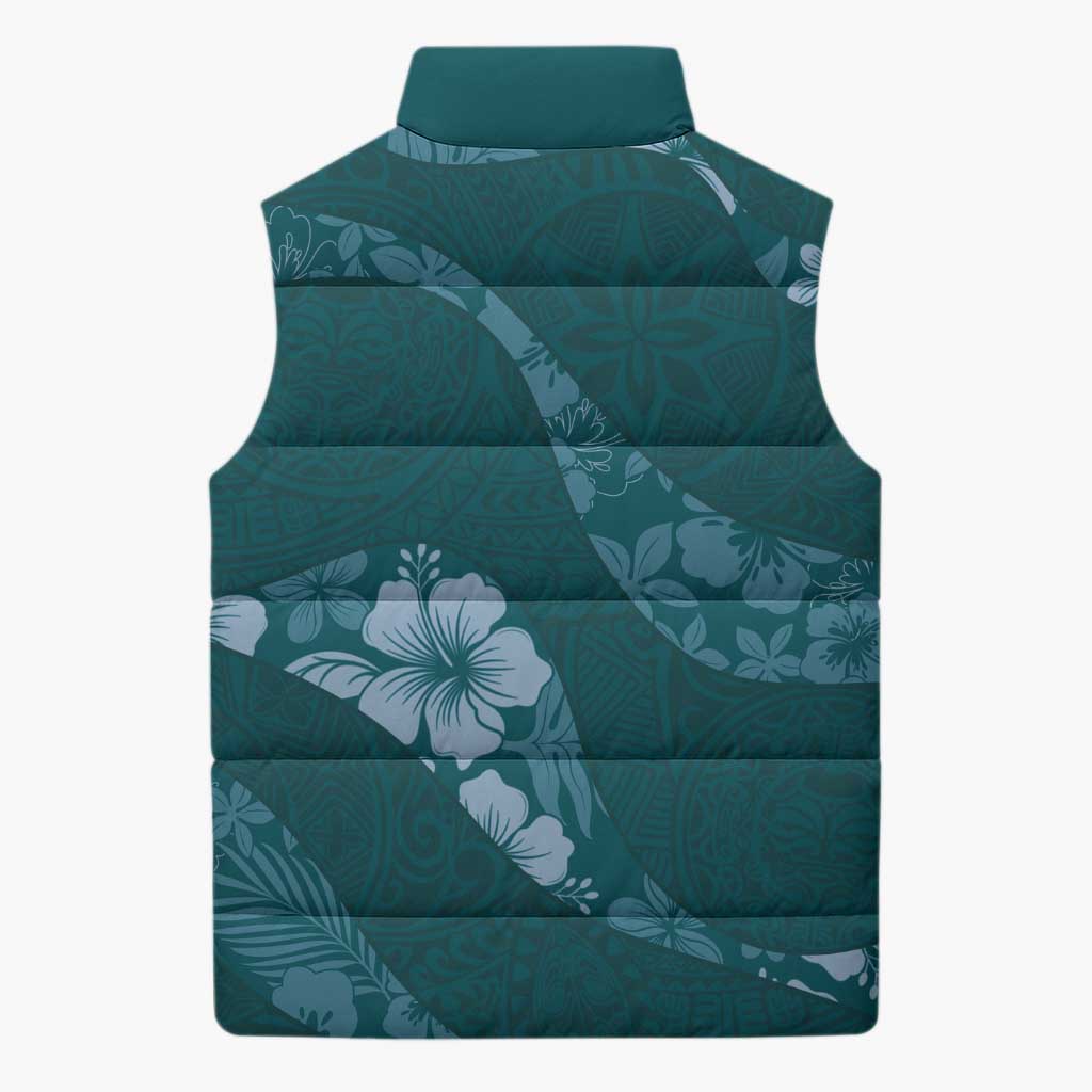 Aloha Hawaii Floral Tapa Sleeveless Puffer Jacket Patchwork Teal - Polynesian Pride