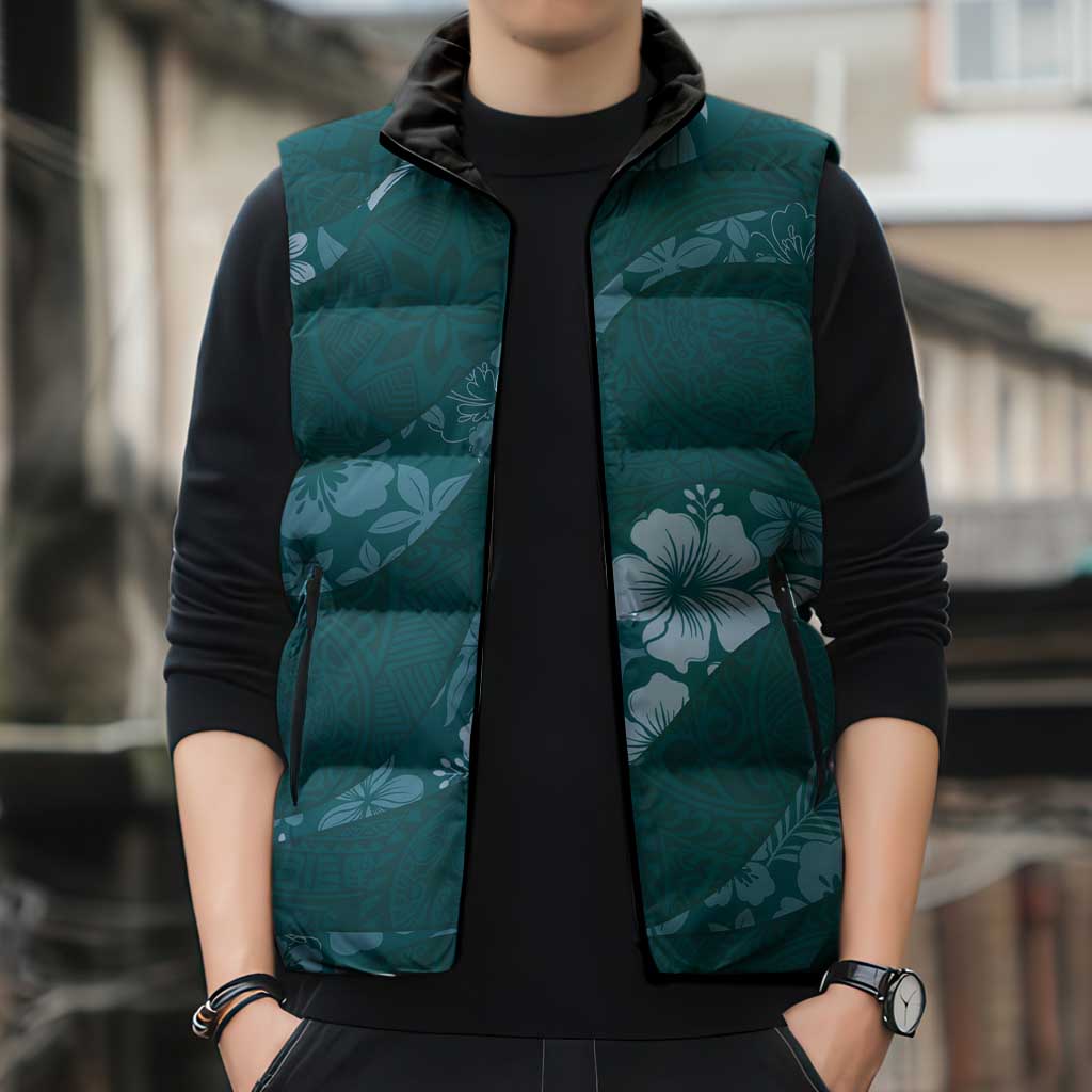 Aloha Hawaii Floral Tapa Sleeveless Puffer Jacket Patchwork Teal - Polynesian Pride