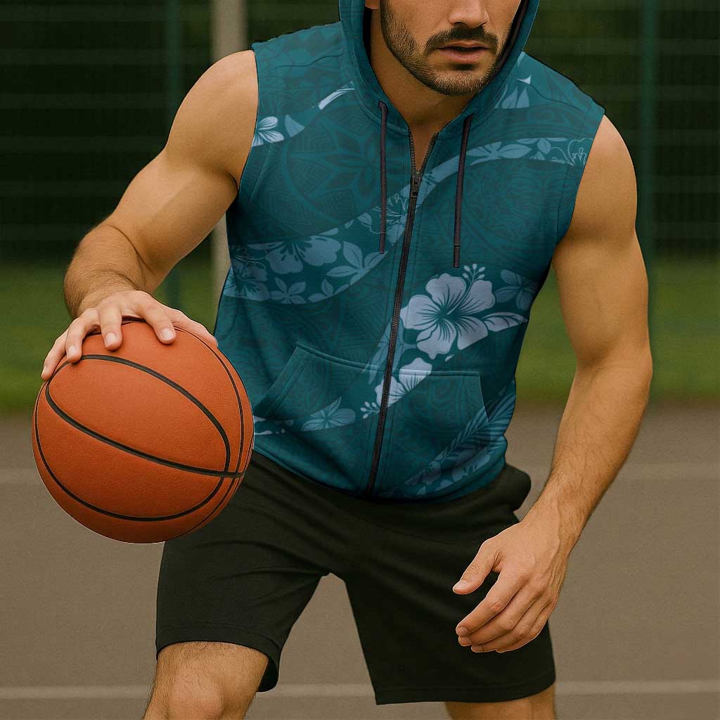 Aloha Hawaii Floral Tapa Sleeveless Zip Hoodie Patchwork Teal LT7