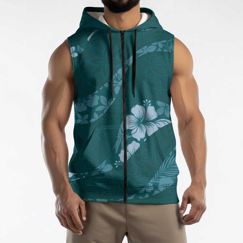 Aloha Hawaii Floral Tapa Sleeveless Zip Hoodie Patchwork Teal LT7