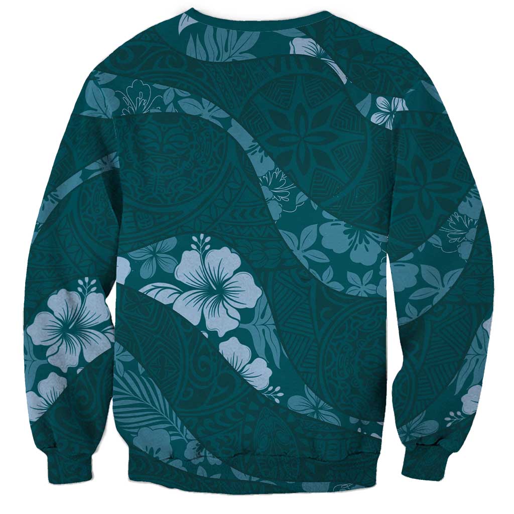 Aloha Hawaii Floral Tapa Sweatshirt Patchwork Teal - Polynesian Pride