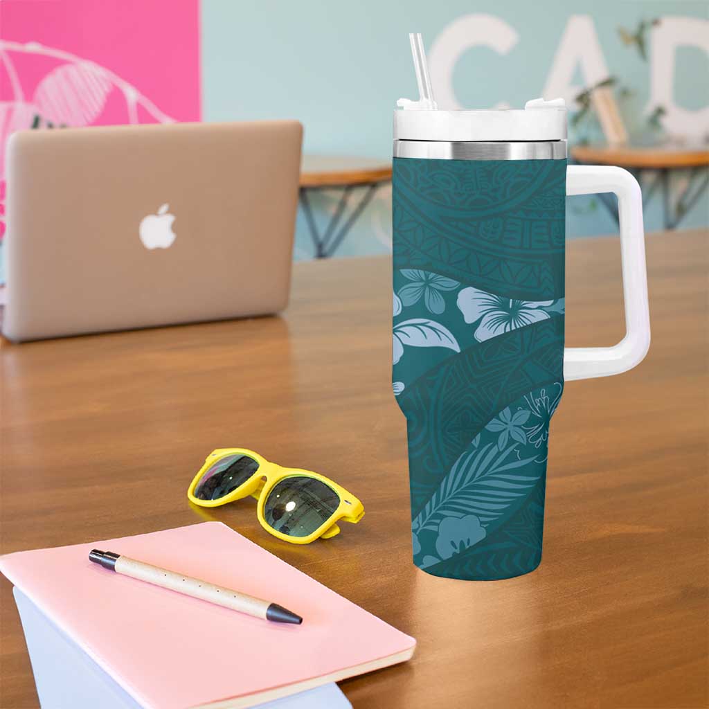 Aloha Hawaii Floral Tapa Tumbler With Handle Patchwork Teal - Polynesian Pride