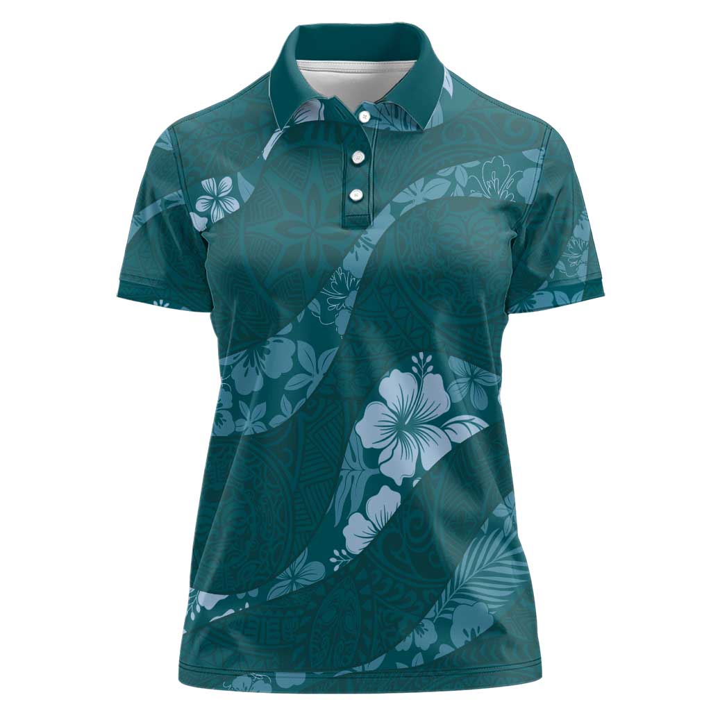 Aloha Hawaii Floral Tapa Women Polo Shirt Patchwork Teal - Polynesian Pride