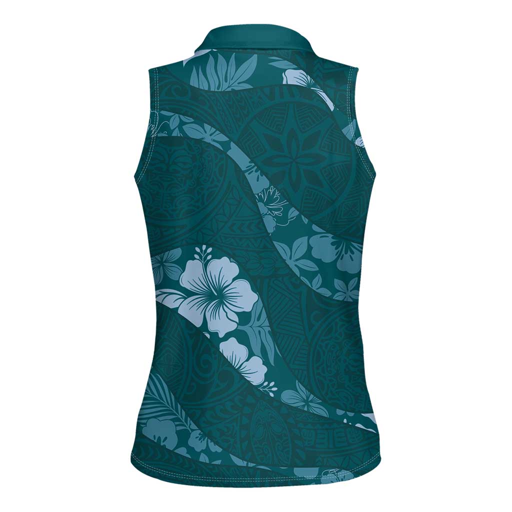 Aloha Hawaii Floral Tapa Women Sleeveless Polo Shirt Patchwork Teal - Polynesian Pride