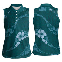 Aloha Hawaii Floral Tapa Women Sleeveless Polo Shirt Patchwork Teal - Polynesian Pride