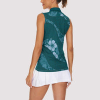 Aloha Hawaii Floral Tapa Women Sleeveless Polo Shirt Patchwork Teal - Polynesian Pride