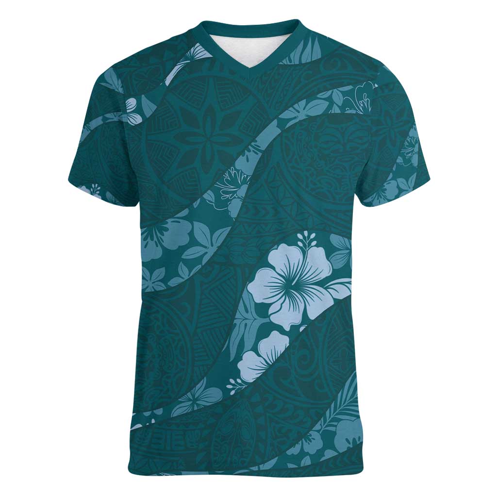 Aloha Hawaii Floral Tapa Women V-Neck T-Shirt Patchwork Teal LT7 Female Teal - Polynesian Pride
