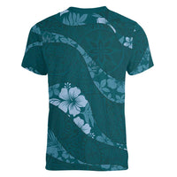 Aloha Hawaii Floral Tapa Women V-Neck T-Shirt Patchwork Teal - Polynesian Pride