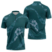 Aloha Hawaii Floral Tapa Zipper Polo Shirt Patchwork Teal - Polynesian Pride