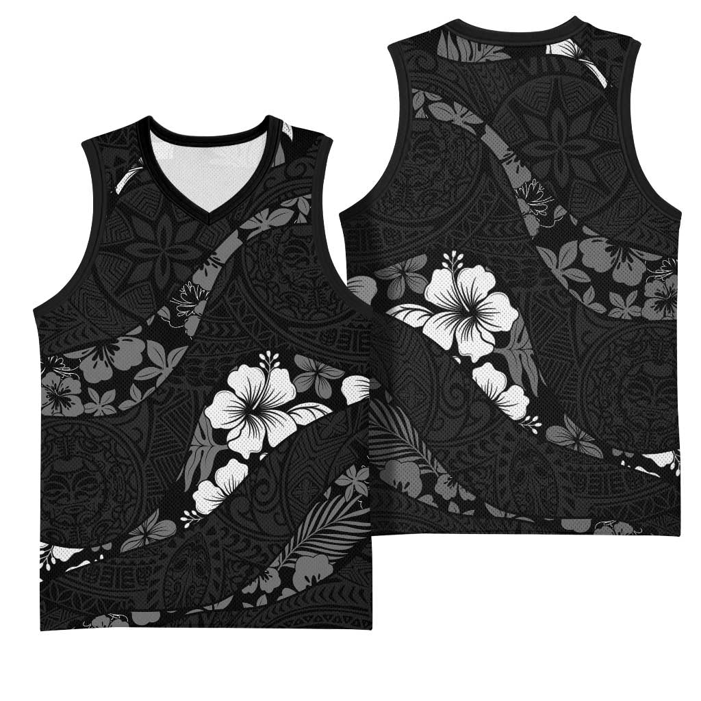 Aloha Hawaii Floral Tapa Basketball Jersey Patchwork Charcoal - Polynesian Pride
