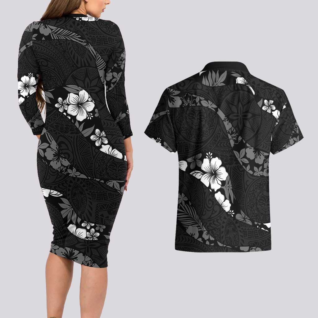 Aloha Hawaii Floral Tapa Couples Matching Long Sleeve Bodycon Dress and Hawaiian Shirt Patchwork Charcoal - Polynesian Pride