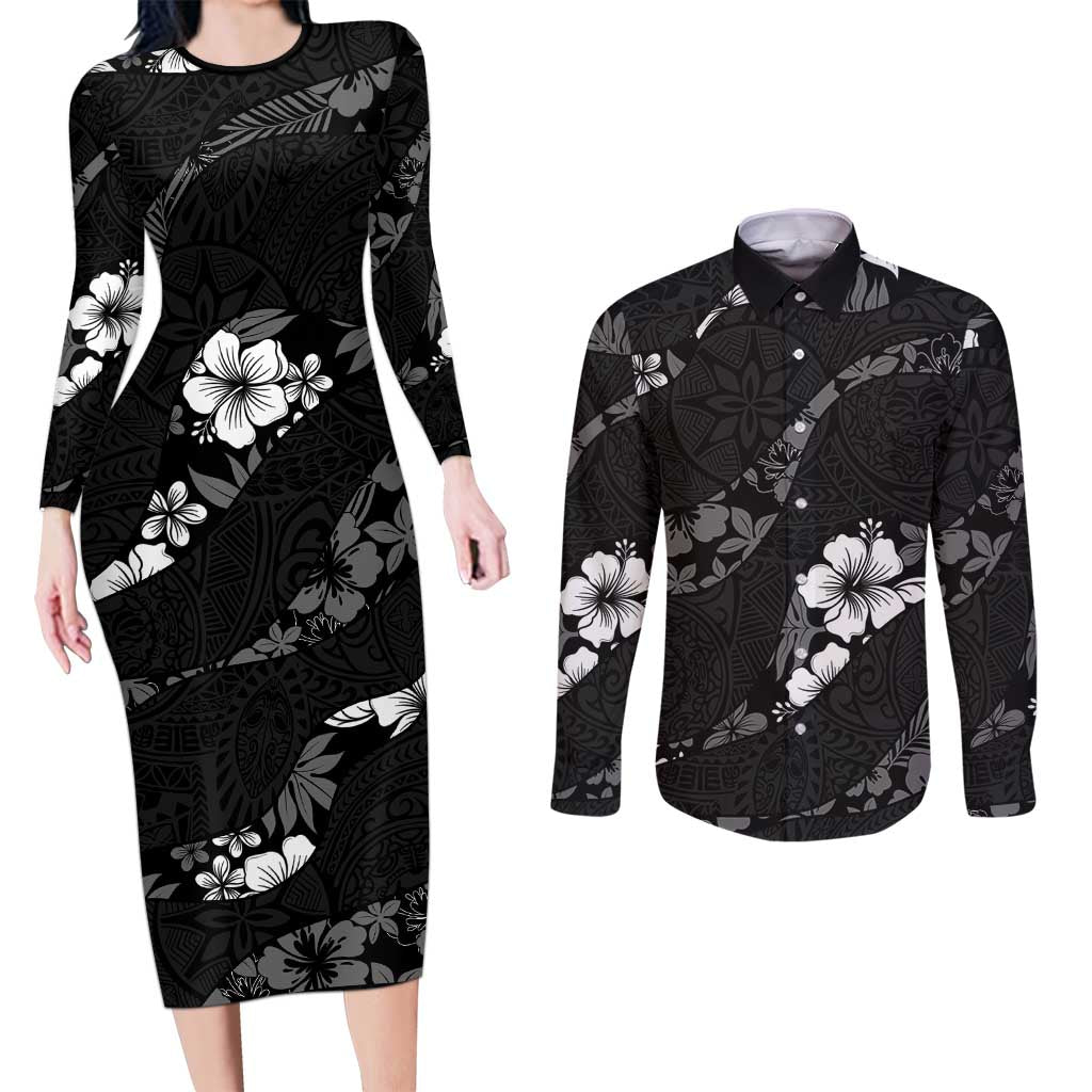 Aloha Hawaii Floral Tapa Couples Matching Long Sleeve Bodycon Dress and Long Sleeve Button Shirt Patchwork Charcoal - Polynesian Pride