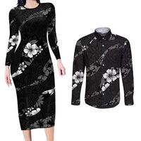 Aloha Hawaii Floral Tapa Couples Matching Long Sleeve Bodycon Dress and Long Sleeve Button Shirt Patchwork Charcoal - Polynesian Pride