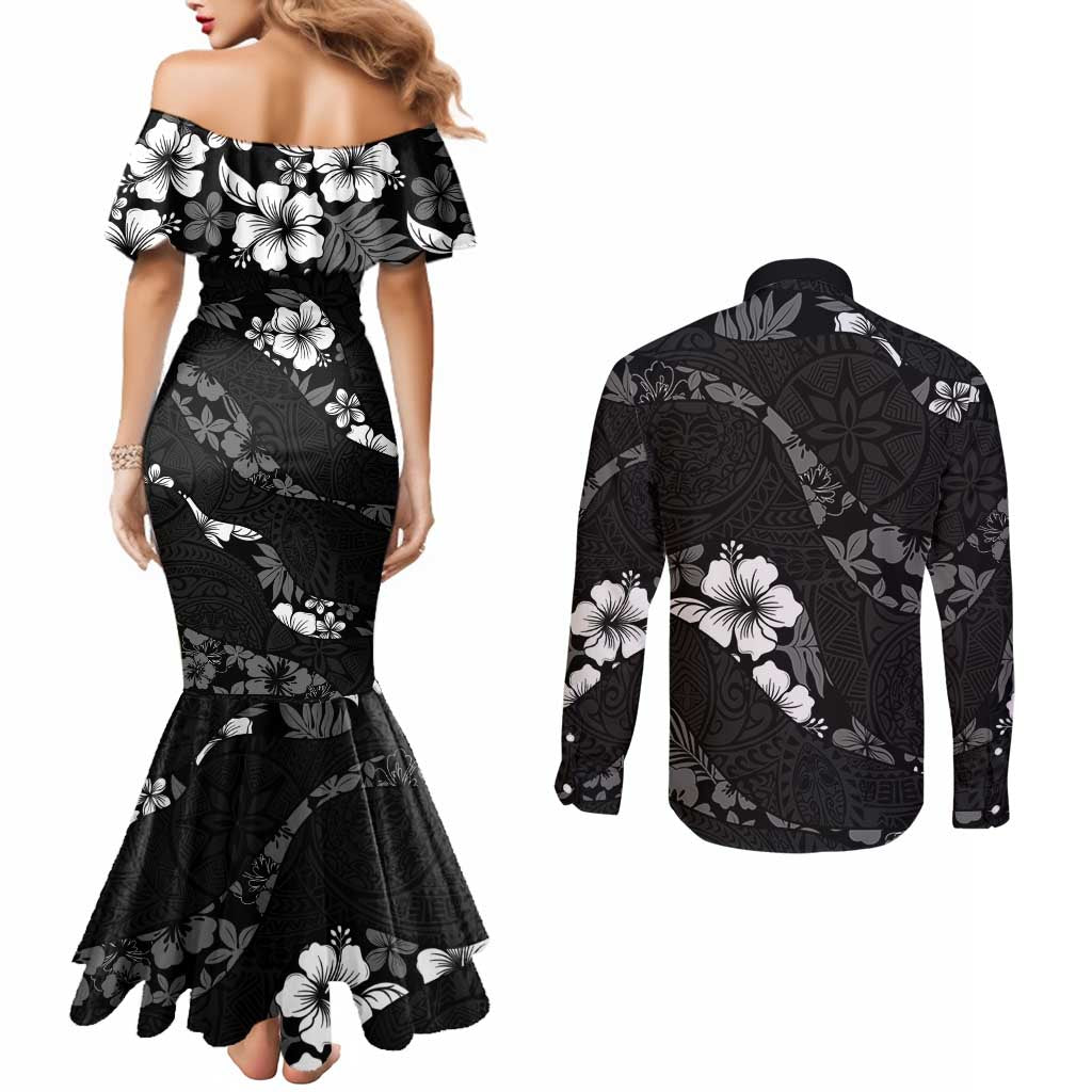 Aloha Hawaii Floral Tapa Couples Matching Mermaid Dress and Long Sleeve Button Shirt Patchwork Charcoal - Polynesian Pride