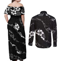 Aloha Hawaii Floral Tapa Couples Matching Off Shoulder Maxi Dress and Long Sleeve Button Shirt Patchwork Charcoal - Polynesian Pride