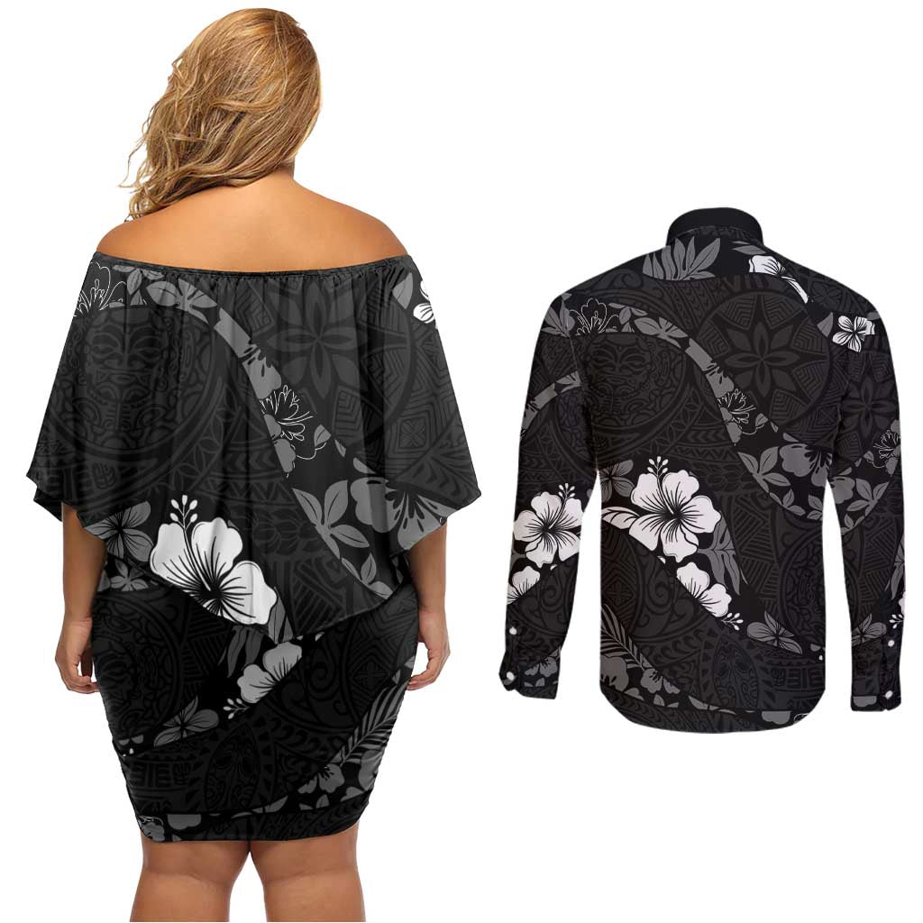 Aloha Hawaii Floral Tapa Couples Matching Off Shoulder Short Dress and Long Sleeve Button Shirt Patchwork Charcoal - Polynesian Pride