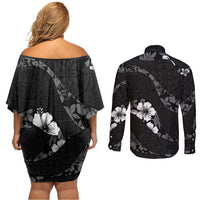 Aloha Hawaii Floral Tapa Couples Matching Off Shoulder Short Dress and Long Sleeve Button Shirt Patchwork Charcoal - Polynesian Pride