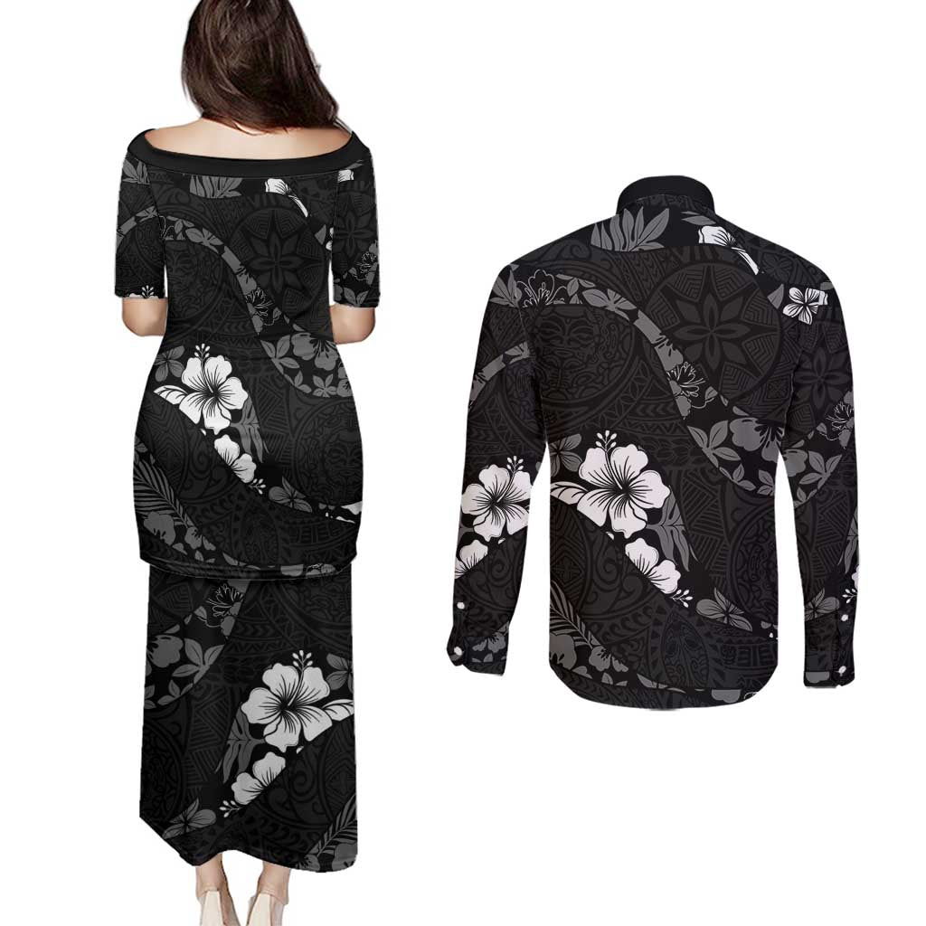 Aloha Hawaii Floral Tapa Couples Matching Puletasi and Long Sleeve Button Shirt Patchwork Charcoal - Polynesian Pride