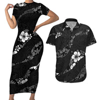 Aloha Hawaii Floral Tapa Couples Matching Short Sleeve Bodycon Dress and Hawaiian Shirt Patchwork Charcoal - Polynesian Pride