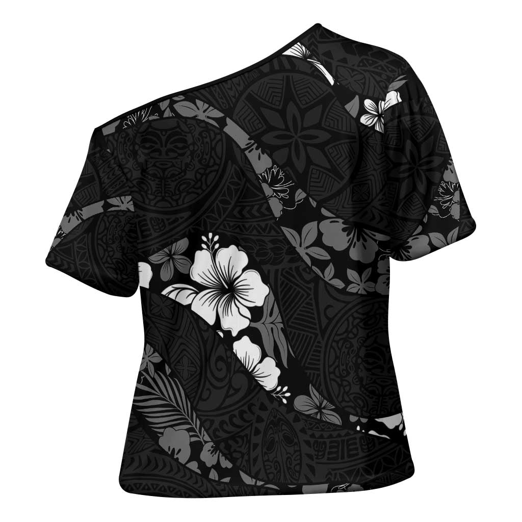 Aloha Hawaii Floral Tapa Cross Shoulder Shirt Patchwork Charcoal - Polynesian Pride