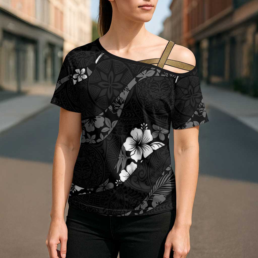 Aloha Hawaii Floral Tapa Cross Shoulder Shirt Patchwork Charcoal - Polynesian Pride