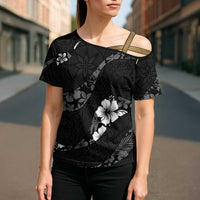 Aloha Hawaii Floral Tapa Cross Shoulder Shirt Patchwork Charcoal - Polynesian Pride