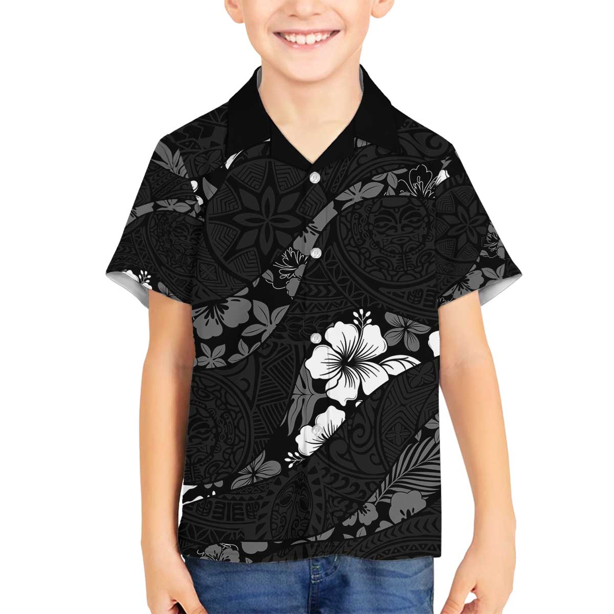 Aloha Hawaii Floral Tapa Family Matching Off The Shoulder Long Sleeve Dress and Hawaiian Shirt Patchwork Charcoal - Polynesian Pride