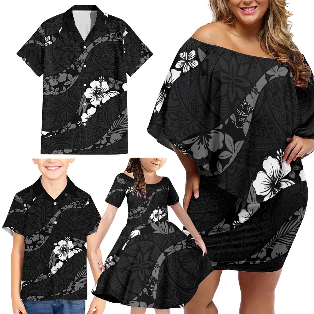 Aloha Hawaii Floral Tapa Family Matching Off Shoulder Short Dress and Hawaiian Shirt Patchwork Charcoal - Polynesian Pride