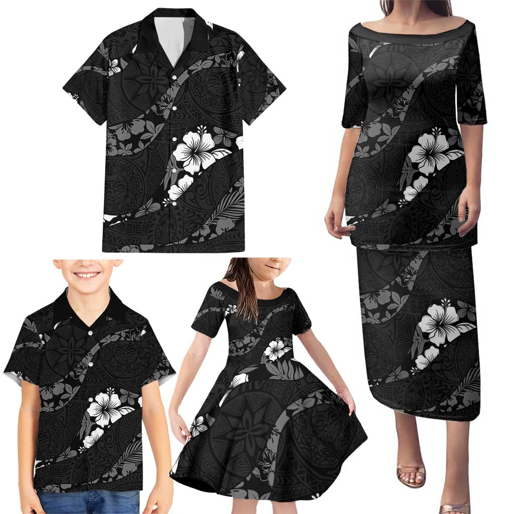 Aloha Hawaii Floral Tapa Family Matching Puletasi and Hawaiian Shirt Patchwork Charcoal - Polynesian Pride