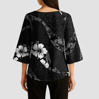 Aloha Hawaii Floral Tapa Kimono Sleeve Blouse Patchwork Charcoal - Polynesian Pride