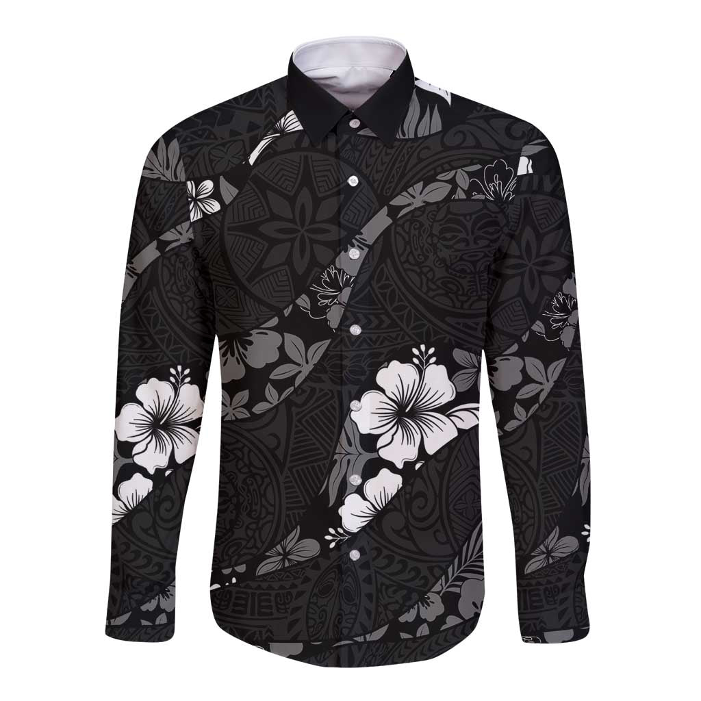 Aloha Hawaii Floral Tapa Long Sleeve Button Shirt Patchwork Charcoal - Polynesian Pride