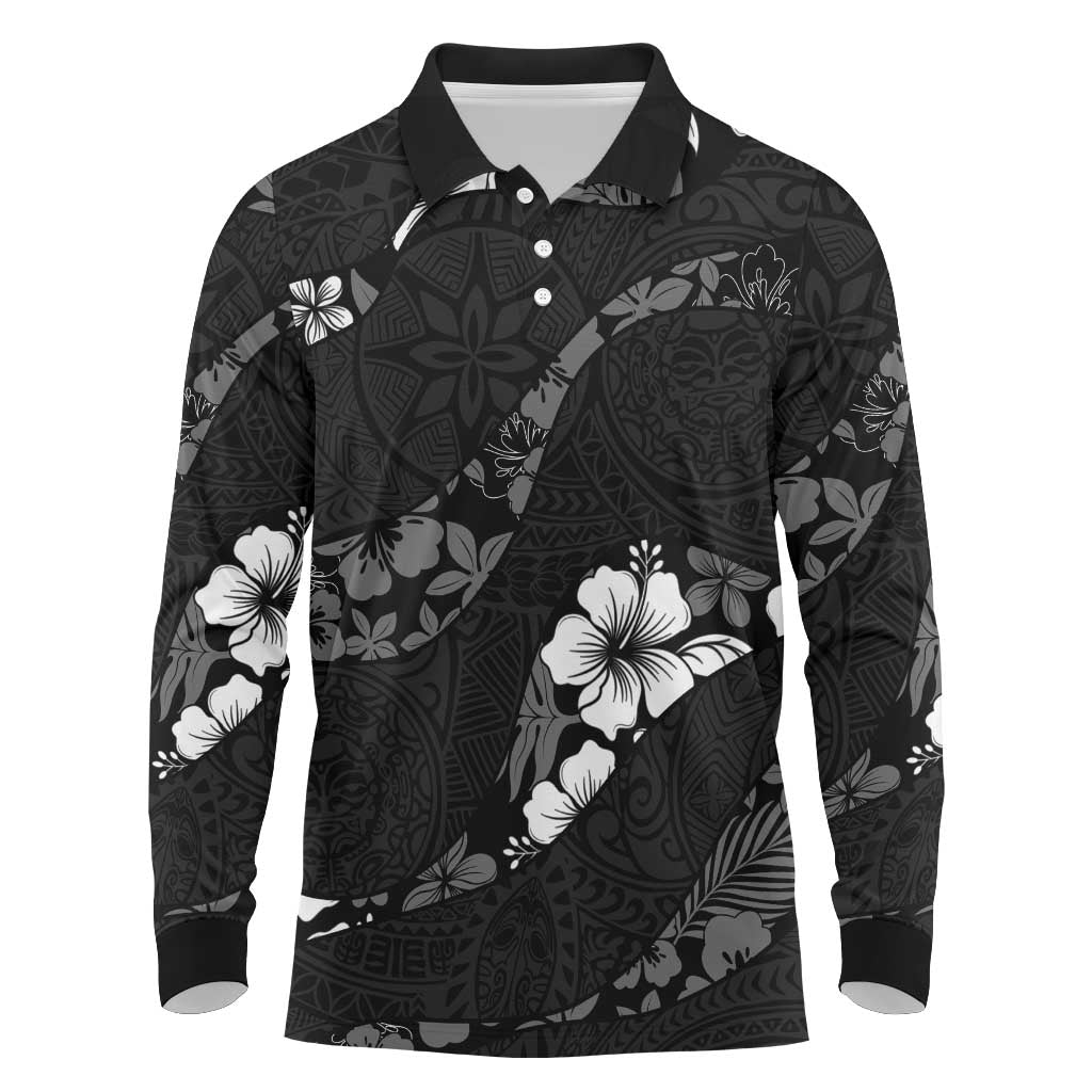 Aloha Hawaii Floral Tapa Long Sleeve Polo Shirt Patchwork Charcoal LT7 Charcoal - Polynesian Pride