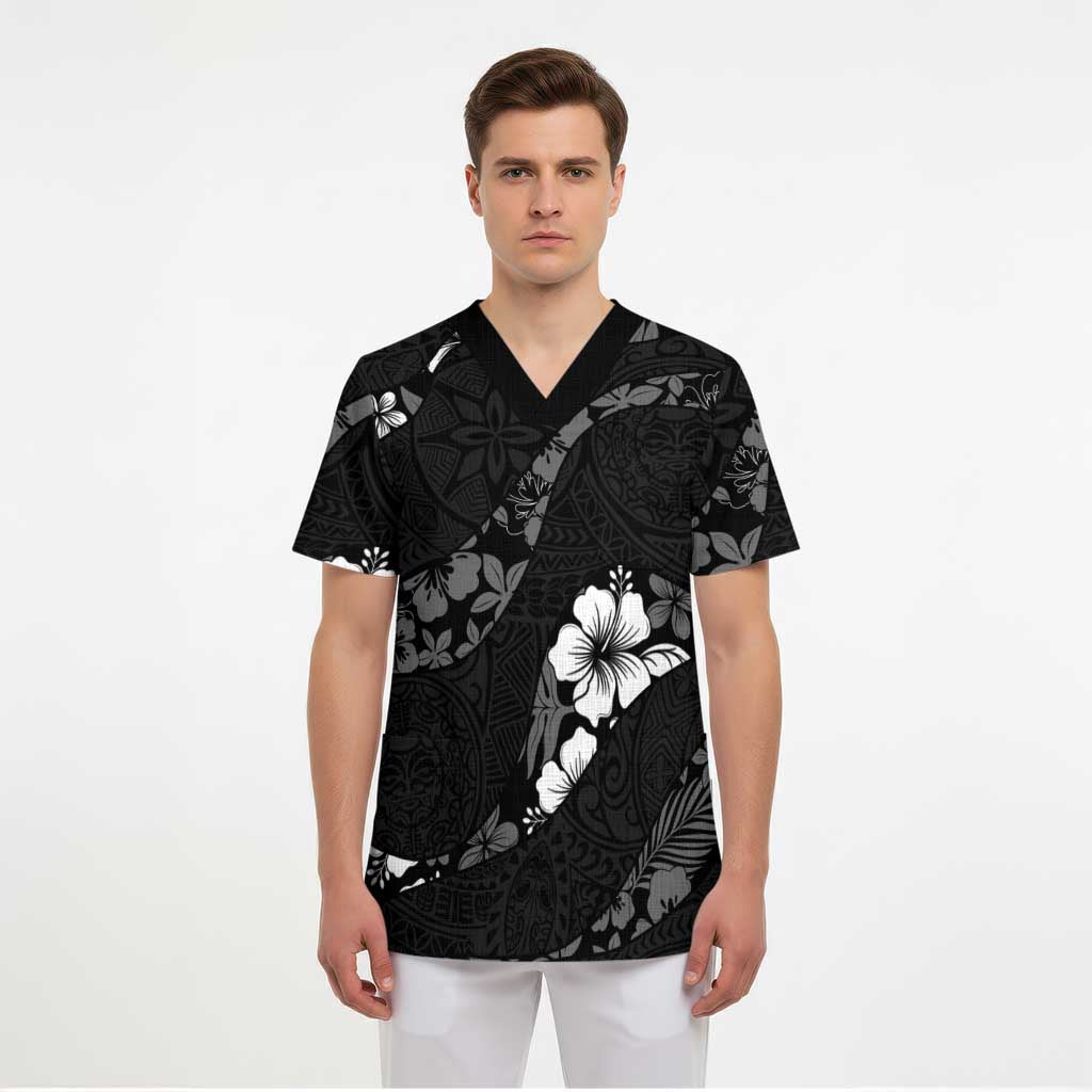 Aloha Hawaii Floral Tapa Scrub Top Patchwork Charcoal - Polynesian Pride