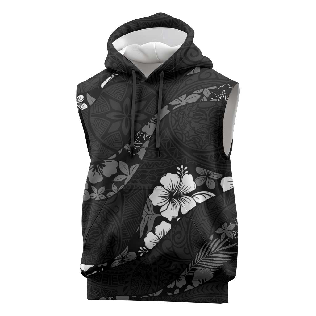 Aloha Hawaii Floral Tapa Sleeveless Hoodie Patchwork Charcoal - Polynesian Pride