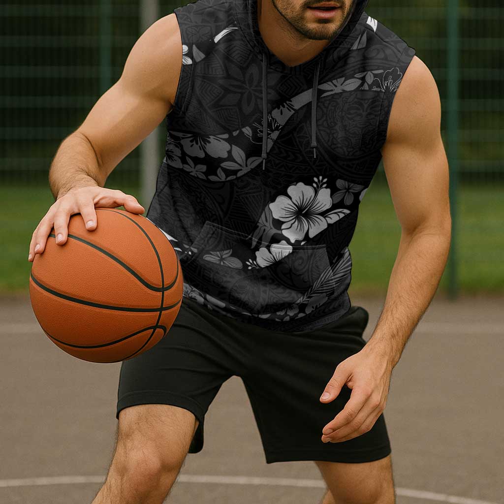 Aloha Hawaii Floral Tapa Sleeveless Hoodie Patchwork Charcoal - Polynesian Pride