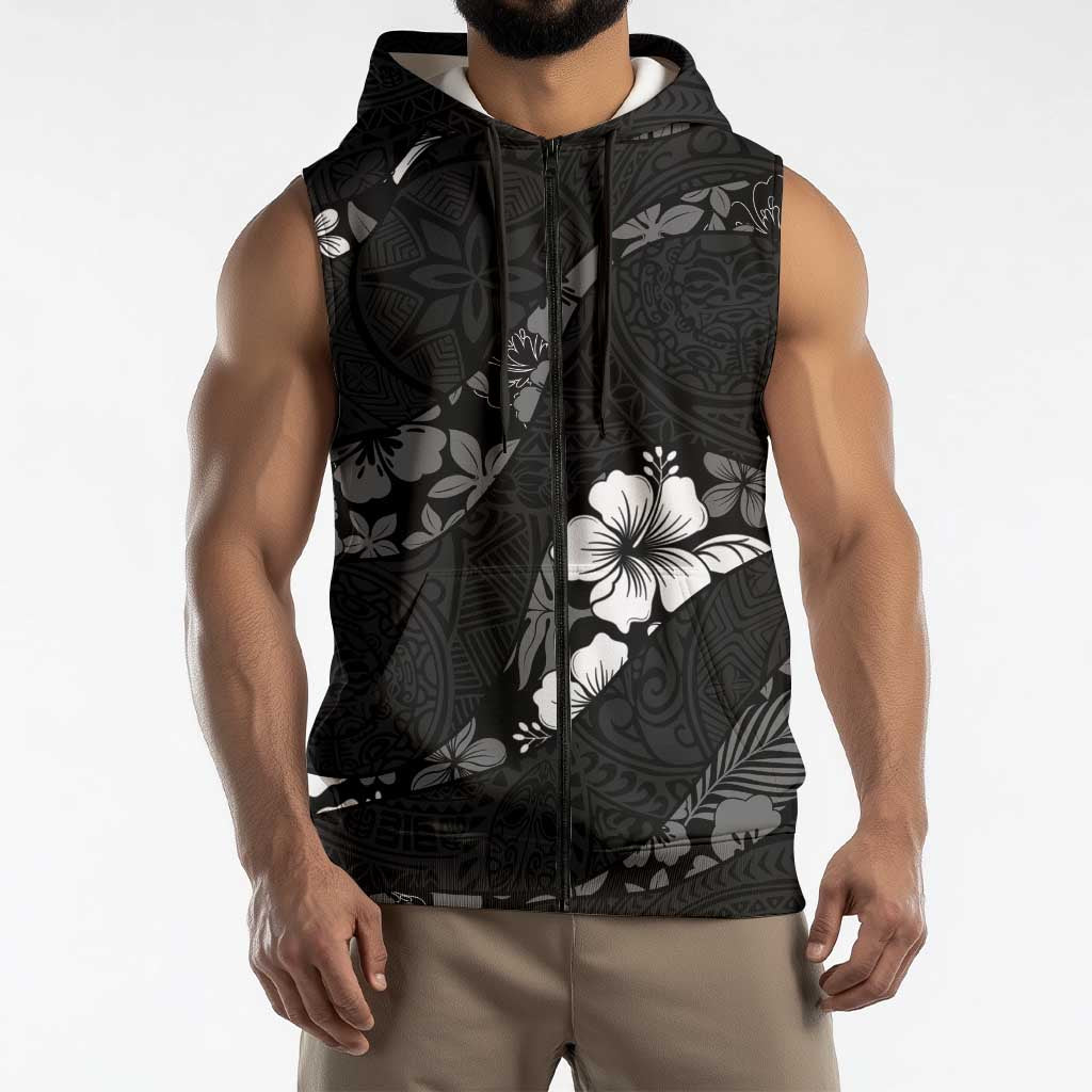 Aloha Hawaii Floral Tapa Sleeveless Zip Hoodie Patchwork Charcoal LT7