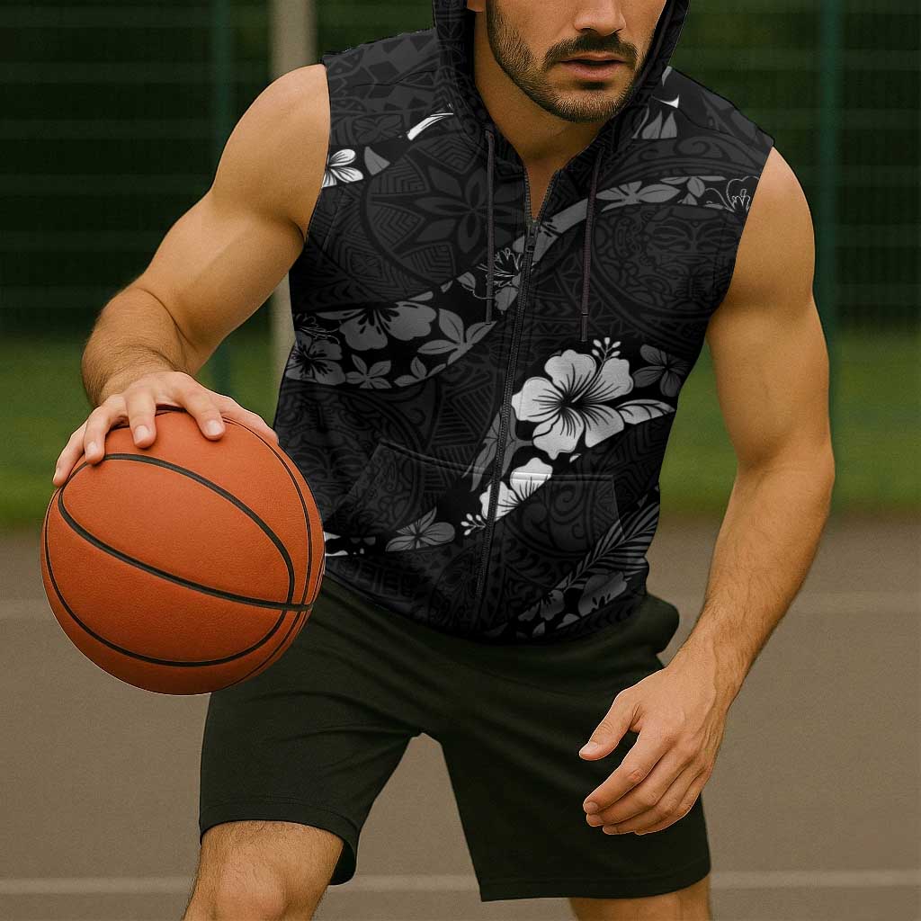 Aloha Hawaii Floral Tapa Sleeveless Zip Hoodie Patchwork Charcoal LT7