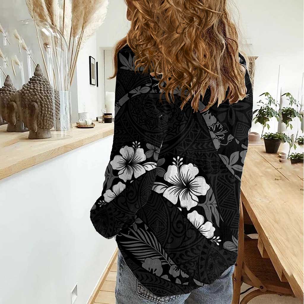 Aloha Hawaii Floral Tapa Women Casual Shirt Patchwork Charcoal - Polynesian Pride