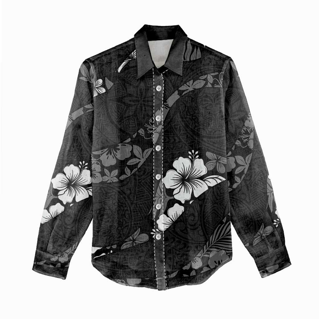 Aloha Hawaii Floral Tapa Women Casual Shirt Patchwork Charcoal - Polynesian Pride