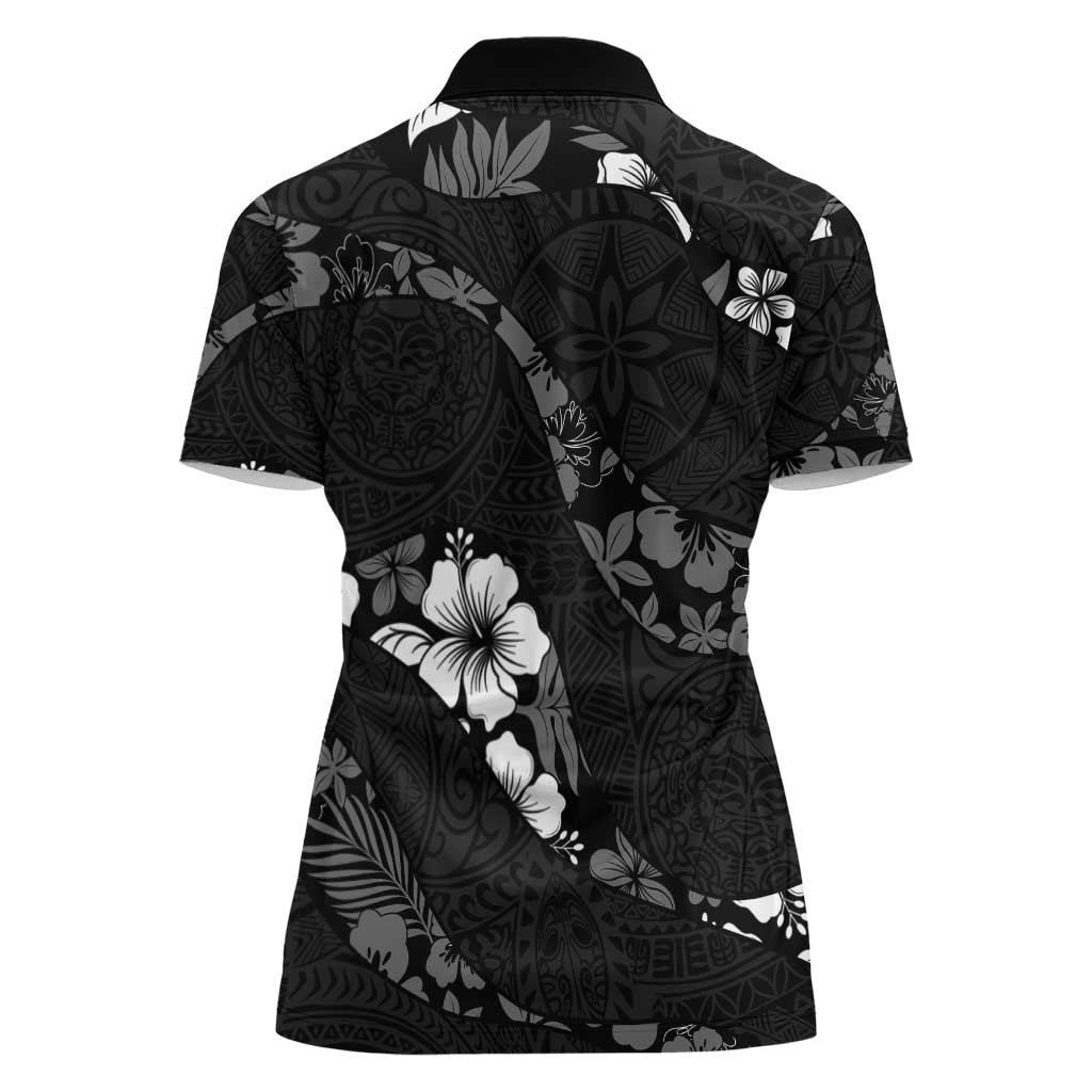 Aloha Hawaii Floral Tapa Women Polo Shirt Patchwork Charcoal - Polynesian Pride