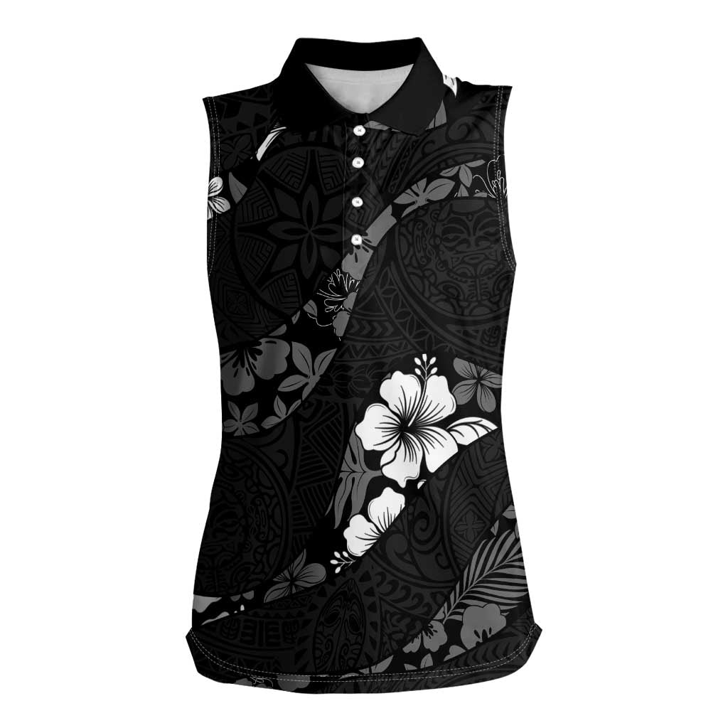 Aloha Hawaii Floral Tapa Women Sleeveless Polo Shirt Patchwork Charcoal - Polynesian Pride