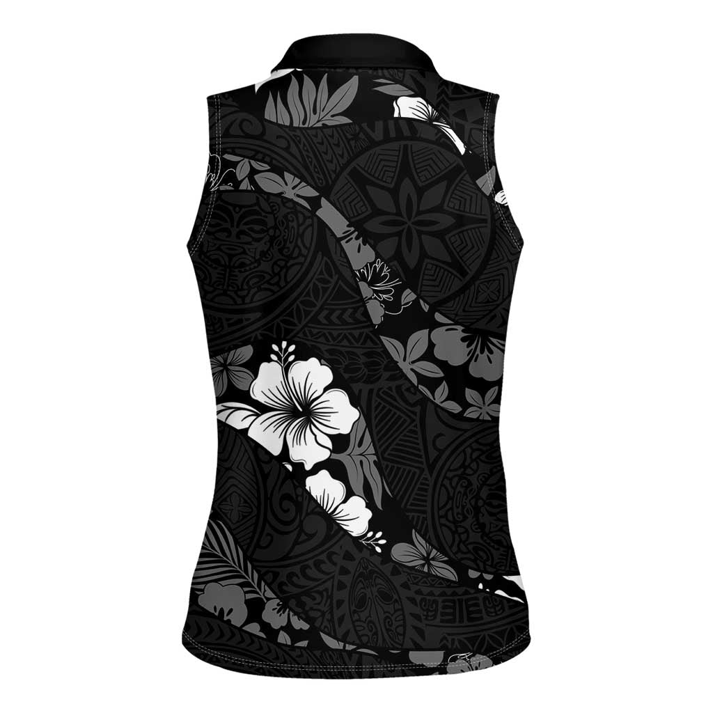 Aloha Hawaii Floral Tapa Women Sleeveless Polo Shirt Patchwork Charcoal - Polynesian Pride
