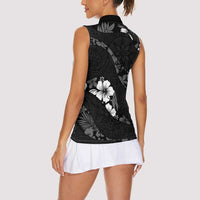 Aloha Hawaii Floral Tapa Women Sleeveless Polo Shirt Patchwork Charcoal - Polynesian Pride